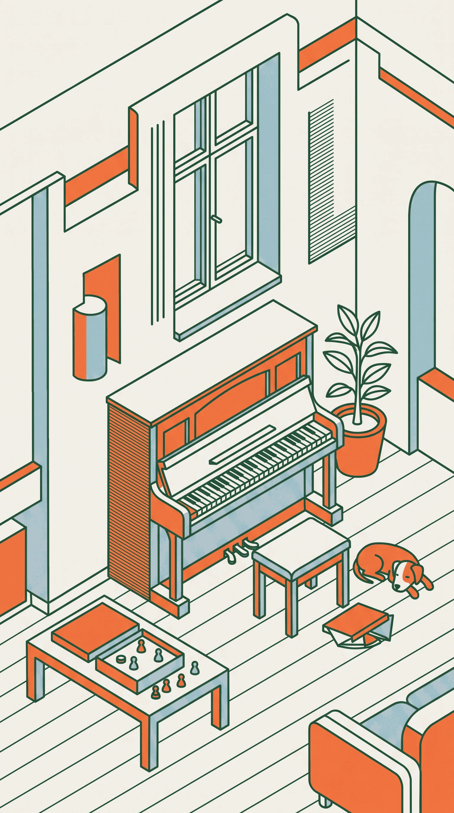 Conceptual illustration of a piano, board games and a resting dog in a Prague apartment