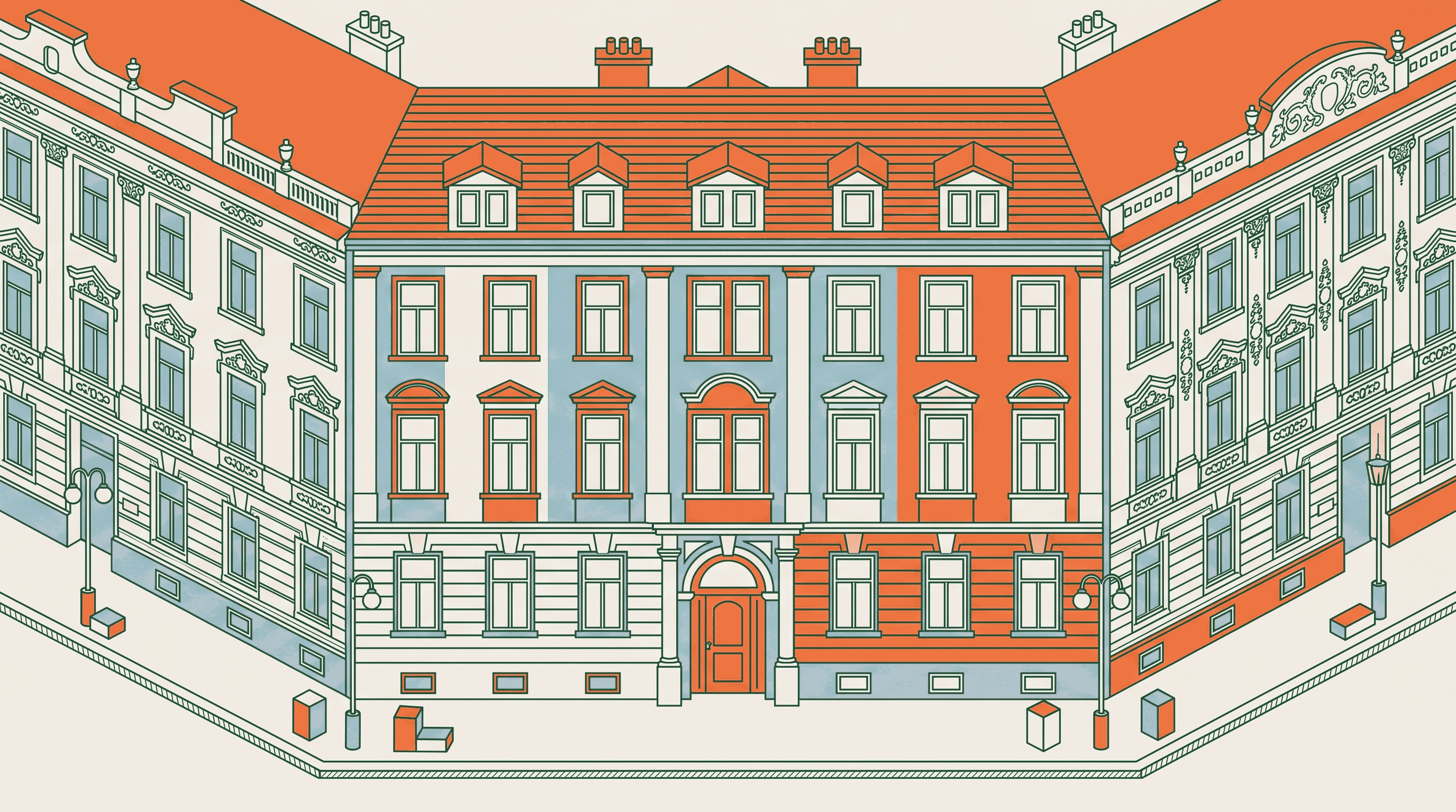 Conceptual illustration of Prague apartment buildings