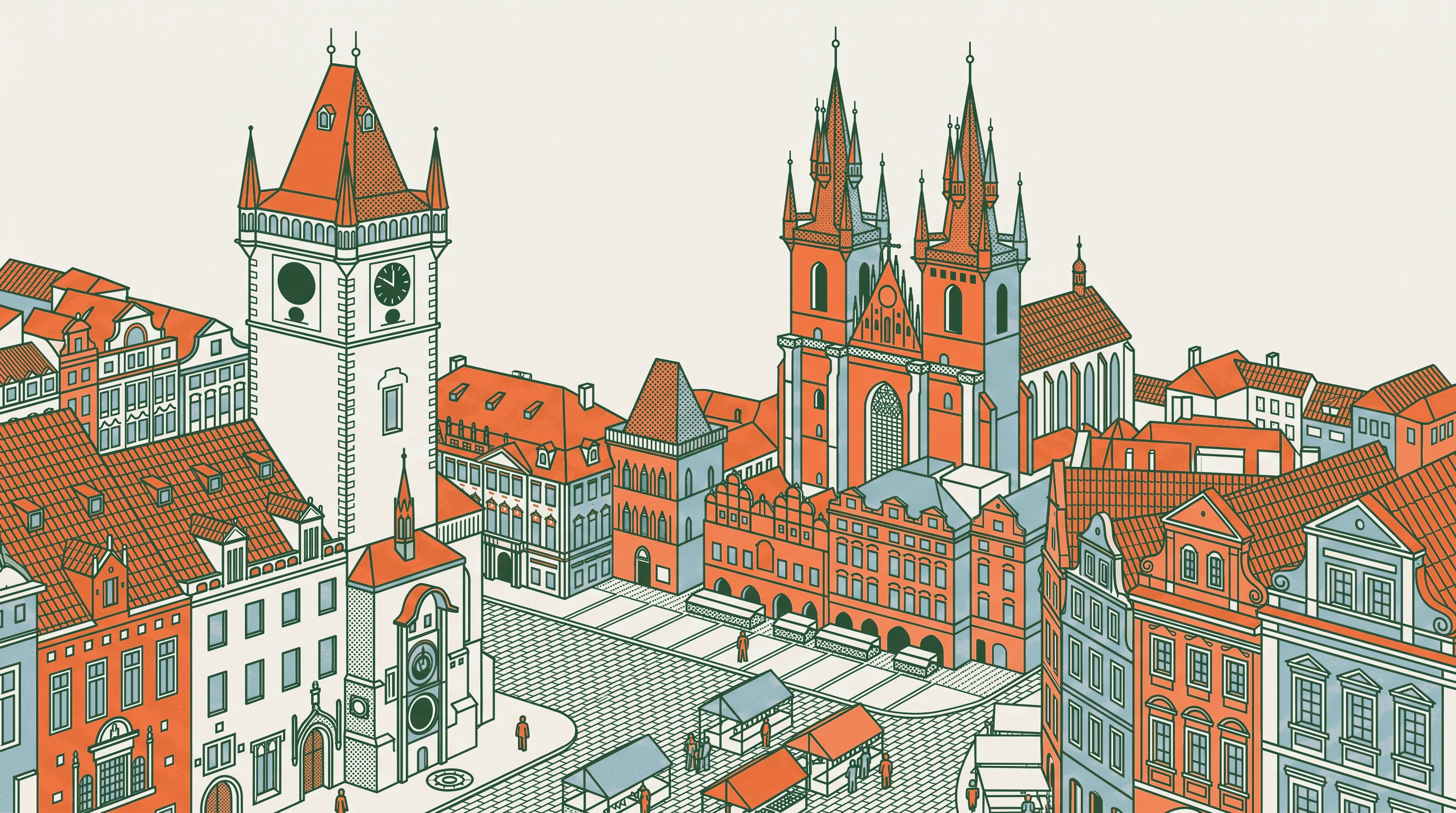 Conceptual illustration of Prague Old Town with the Týn Church towers and terracotta rooftops