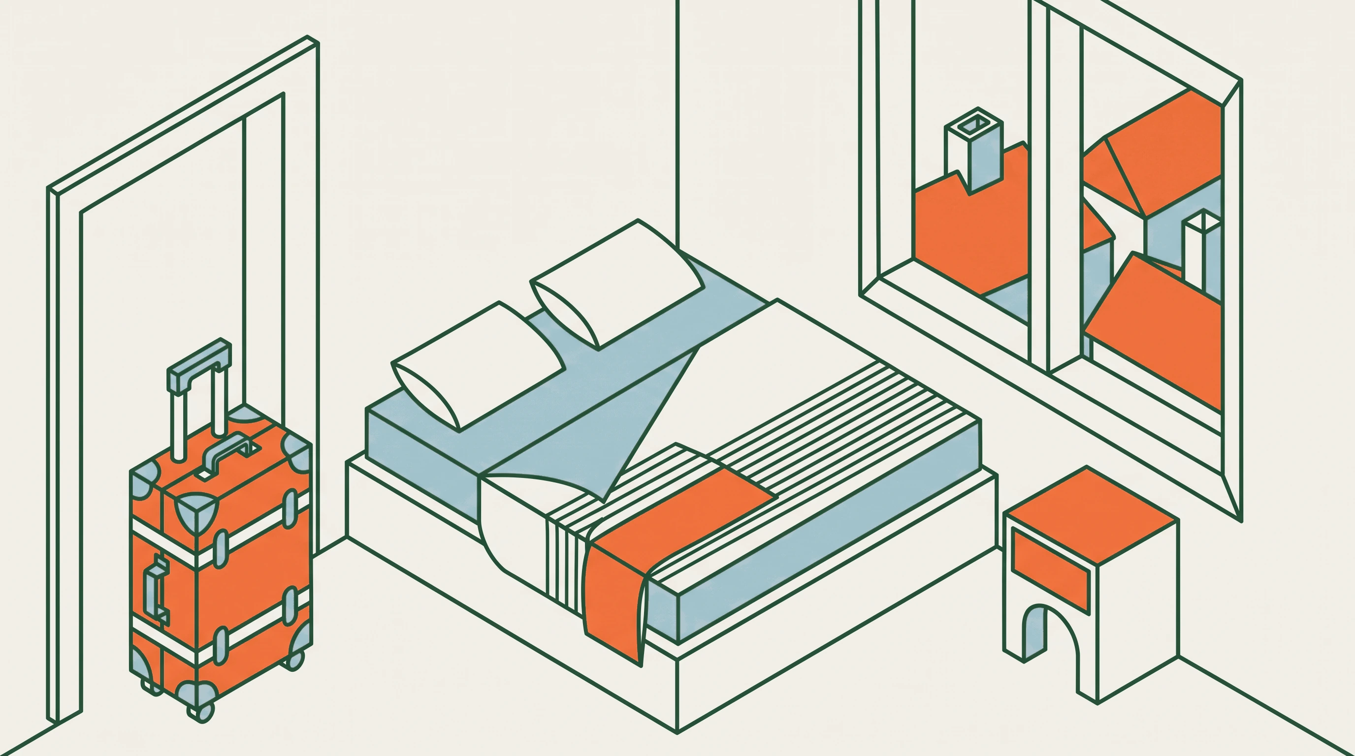 Conceptual illustration of a suitcase at a Prague apartment entrance