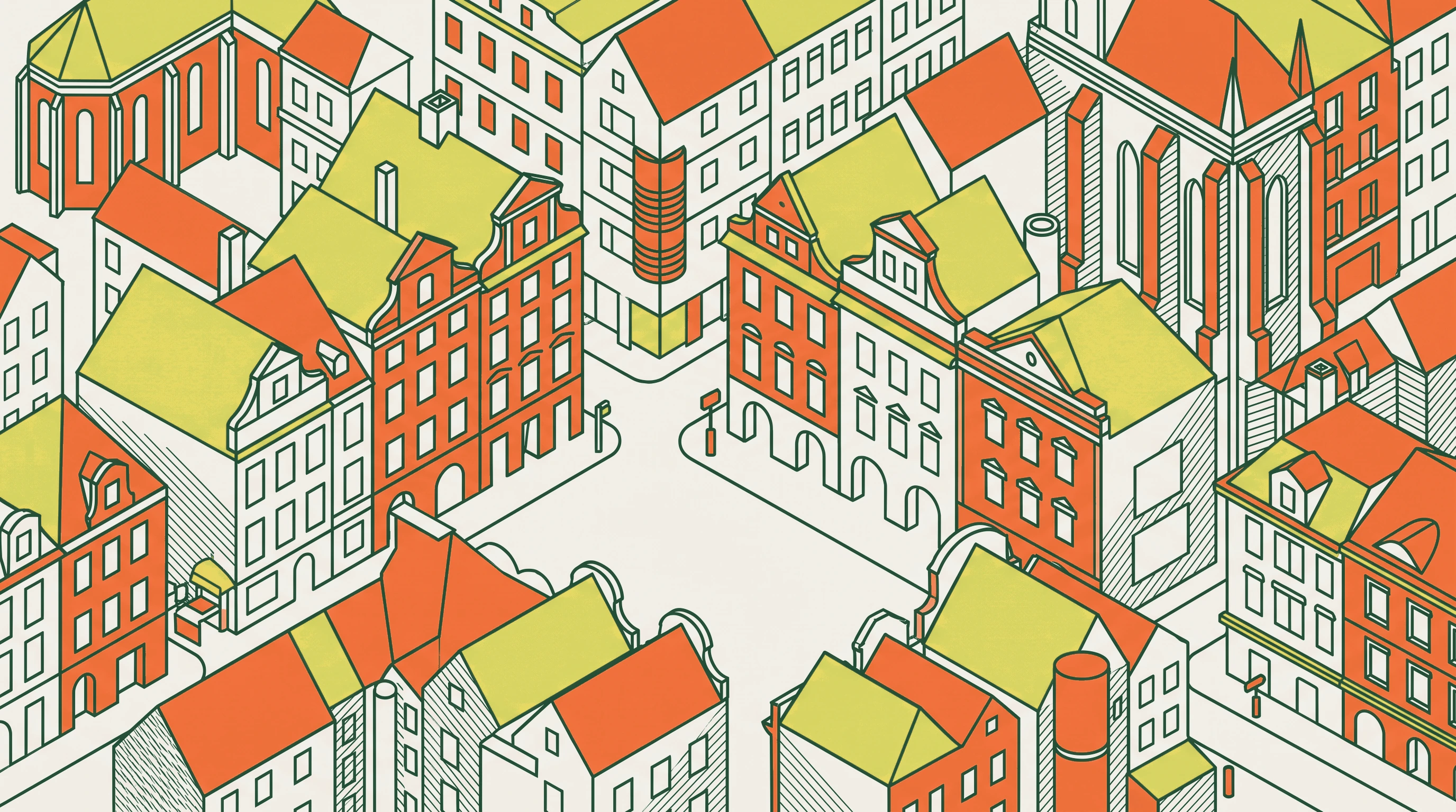 Conceptual illustration of Prague Old Town streets and apartment buildings