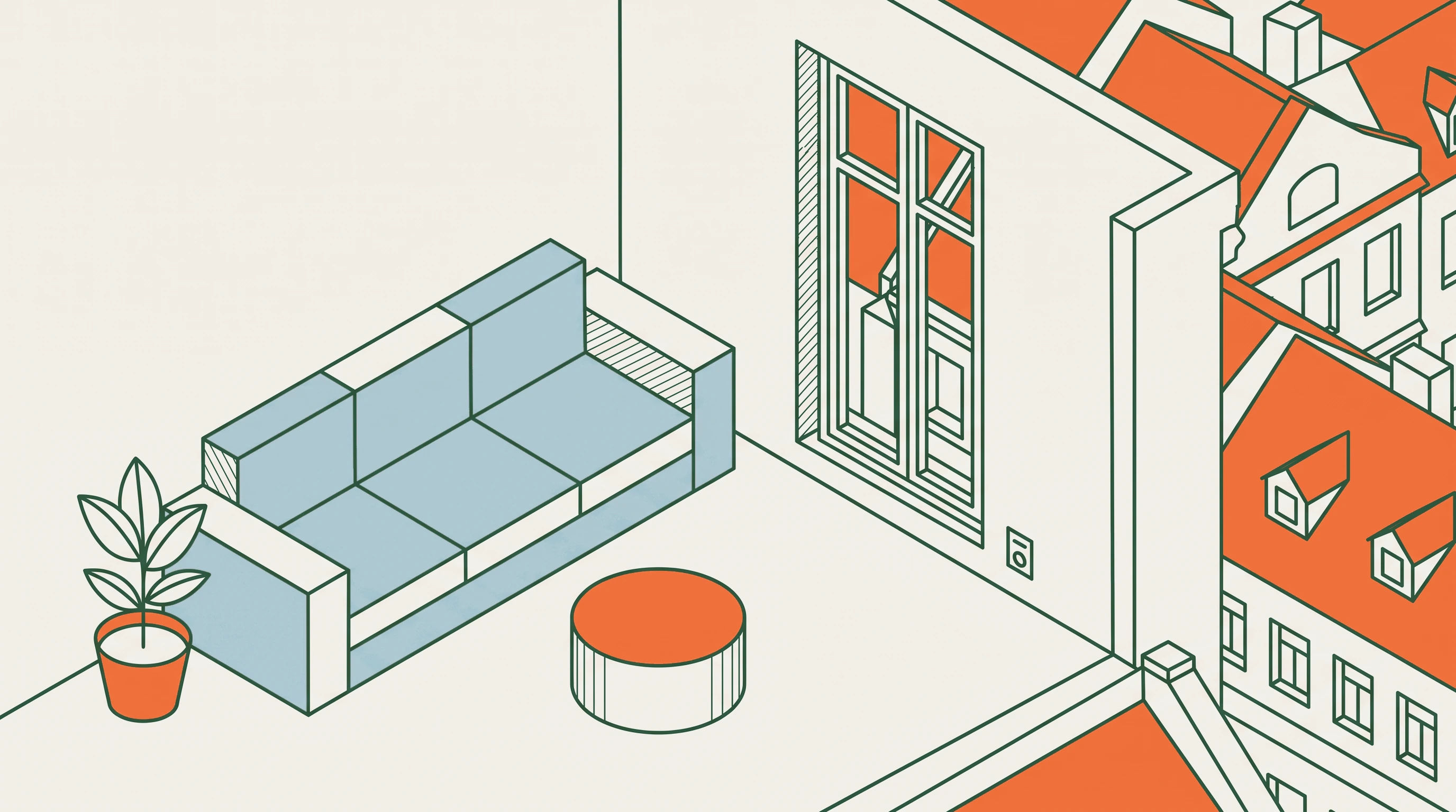 Conceptual illustration of a complete Prague apartment with a bed, kitchen and dining space